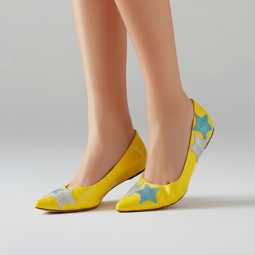L.L.H Yellow Patent Leather Kitten Heels pointed Toe Glitter Stars Sz 39